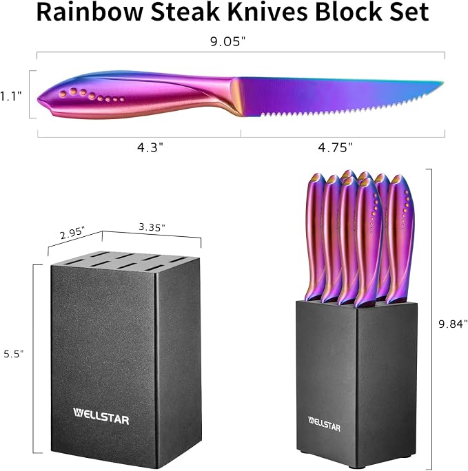 WELLSTAR Steak Knives Set of 8 with Wood Block, 4.75 Inch Rainbow Serrated Steak Knife Set, Razor Sharp German Stainless Steel with Full Tang Handle, Space Saving Steak Knife Set