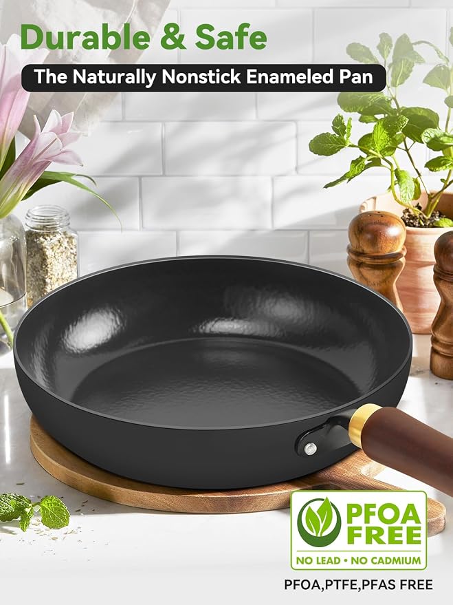 Carbon Steel Skillet, 11-Inch Nonstick Frying Pan, Season-Free Enameled Carbon Steel Pan,Stay-Cool Wooden Handle, Non Toxic, PTFE & PFOA Free Oven-Safe