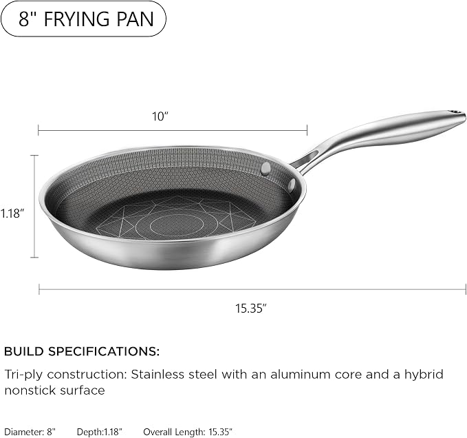 COOKER KING 8-Inch Stainless Steel Pan, Hybrid Nonstick Frying Pan – 3-Ply Clad Cookware, Healthy & Non-Toxic, Dishwasher & Oven Safe, Stay-Cool Handle, Induction Compatible – Metal Utensil Safe