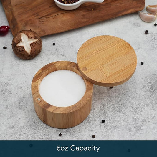 KITCHENDAO Bamboo Salt Cellar Bowl Box,Elegant Kitchen Container Holder with Swivel Magnetic Lid to Store Pepper Spice Bath or Favorite Seasonings, 6oz
