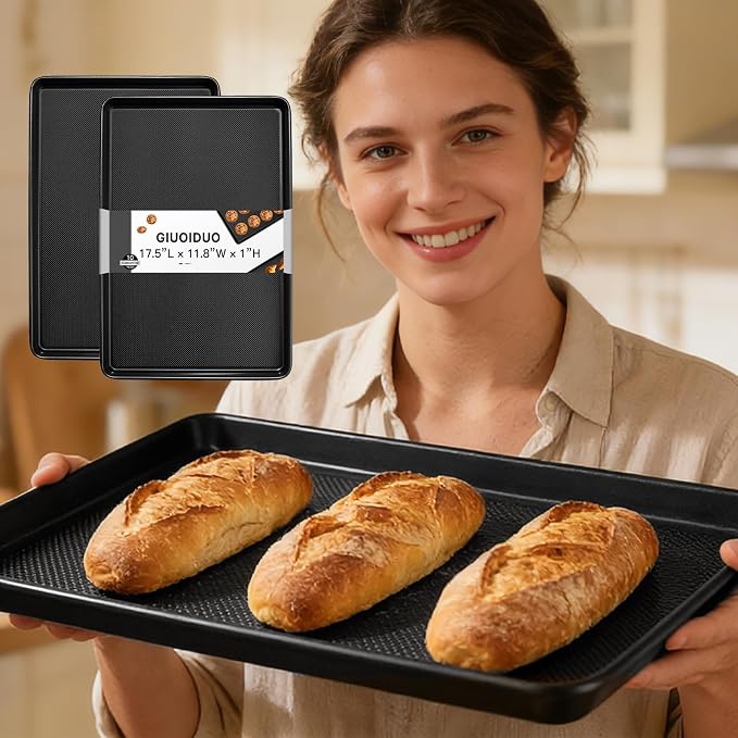 GIUOIDUO 2-Pack Commercial & Home Baking Sheet Pans - Heavy Duty Nonstick Carbon Steel Cookie Trays, Warp-Resistant Oven Pans for Baking, Roasting & Sheet Pan Meals (17.5x11.8 Inch)