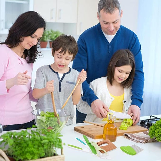 Leking 13 Pcs Wooden Kids Kitchen Knife, Kids Knife Set with Gloves Cutting Board Bear Sandwich Cutter Fruit Vegetable Cutters Serrated Edges Plastic Knifes for Real Cooking Kid Safe Knives
