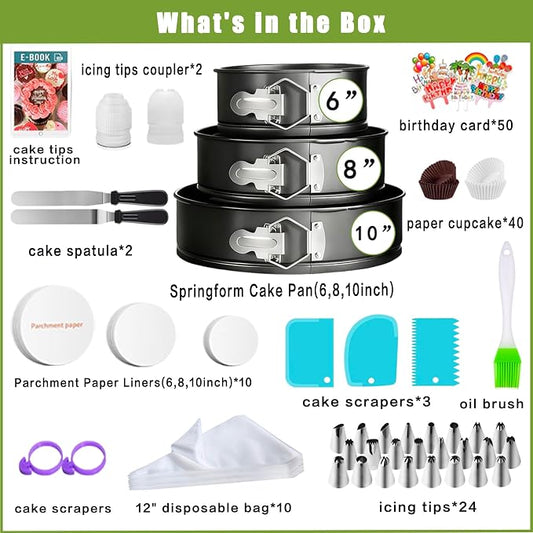 168pcs Cake Pan Sets for Baking + Cake Decorating Supplies: 3 Non-Stick Springform Pans Set (6, 8, 10 inches), Icing Tips โ Multi-functional Leak-Proof CheeseCake Pan
