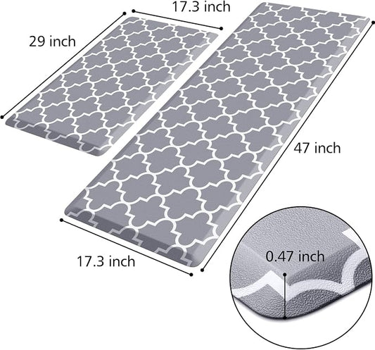 KMAT Mat (2 PCS) 0.47inch Cushioned Anti-Fatigue Rug, Waterproof Non-Skid Rugs Heavy Duty PVC Ergonomic Comfort Standing Mat for Kitchen, Floor Office, Laundry,Grey