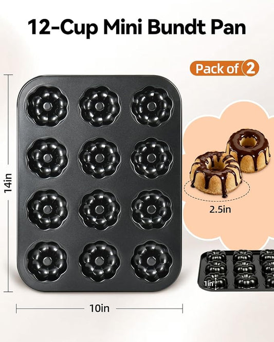 2 Pack Mini Bundt Cake Pans for Baking, 12-Cavity Nonstick Mini Bundtlette Baking Mold, Heavy-Duty Carbon Steel, Oven-Safe to 450โ Versatile Fluted Bake Pan for Muffins, Brownies, Cupcakes, Mini Cakes