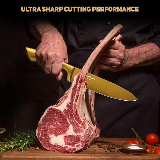 Luxury 7-Piece Gold Kitchen Knife Set with Rod Sharpener β Titanium-Coated Stainless Steel Knives Set for Kitchen, Super Sharp Cutlery Tools, Premium Cookware Gift for Home Chefs