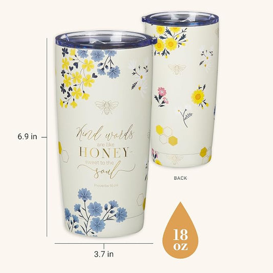 Christian Art Gifts Stainless Steel Scripture Tumbler Travel Mug for Women: Kind Words Bible Verse, Cute Bumble Bee, Double-wall Vacuum Insulated, Lid, Hot/Cold, Creamy White Multicolor Floral, 18oz.