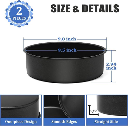 P&P CHEF 9.5 Inch Cake Pan, Nonstick Round Baking Layer Cake Pans Tins Set for Birthday Wedding, 2.94-Inch Deep Side & One-piece Design, Stainless Steel Core & Easy Clean, Black 2Pcs