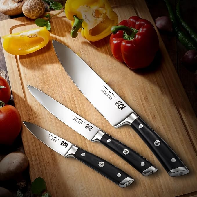 SHAN ZU Kitchen Knife Sets 3pcs, Professional German 5Cr15MoV Stainless Steel, High Carbon Steel Knives Sets, Ultra Sharp Ergonomic Wood Handle & Full Tang Design, Gift Box Included