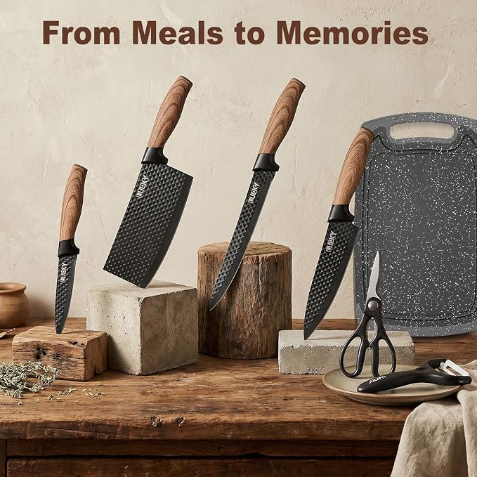 Knife Set, 7 Pieces Kitchen knife Set with Healthy Anti-Rust Coating, Stainless Steel Professional Chef Knife Sets with Elegant Box, Kitchen Knives with Scissors & Peeler & Cutting Board for Cooking