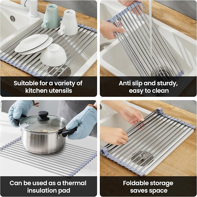 Roll Up Dish Drying Rack for Sink, Over Sink Dish Rack 17 x 15.7 Inch, Silicone Stainless Steel Dish Drainer for Kitchen Counter, BPA Free Utensil Drying Rack, Gray