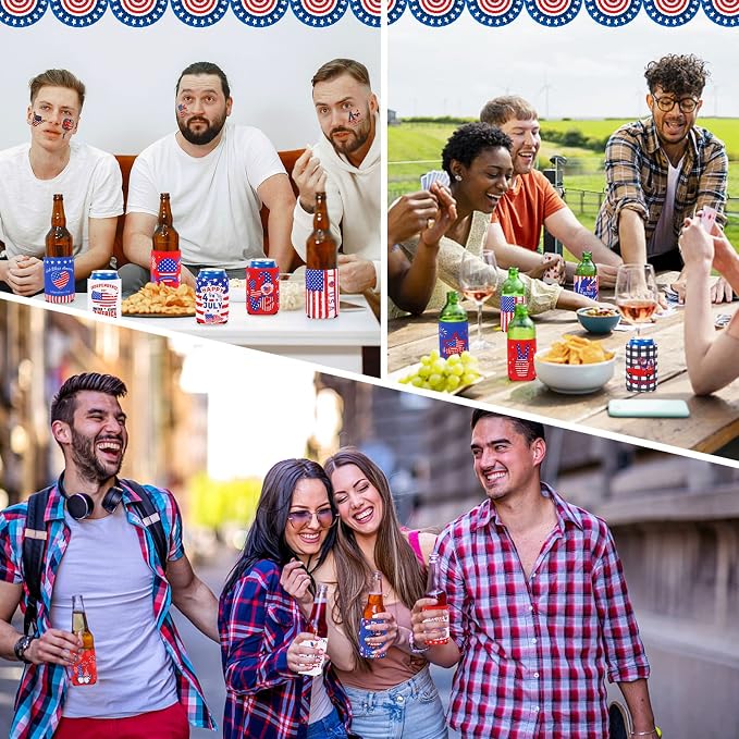 4th of July Can Cooler Sleeves, 18pcs American Flag Beer Drink Can Bottle Cooler Sleeves Collapsible for 250th Anniversary Fourth of July Independence Day Party Decorations Supplies Favors