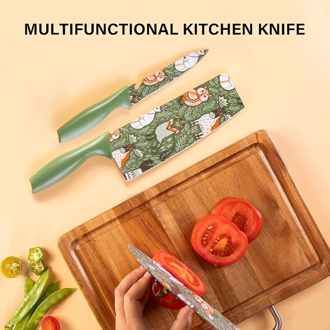 TJ POP Colorful Knife Set, 3 Pcs Kitchen Knife Set, Color-Coded Coated Stainless Steel Kitchen Knives, Professional Kitchen Cutlery Set, Green