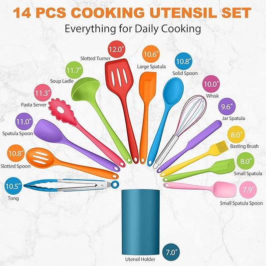 LIANYU 14 Pcs Cooking Utensils Set with Holder, Silicone Kitchen Cookware Utensils Set, Heat Resistant Cooking Gadget Tools Includes Spatula Spoon Turner Whisk Tong, Dishwasher Safe, Colorful