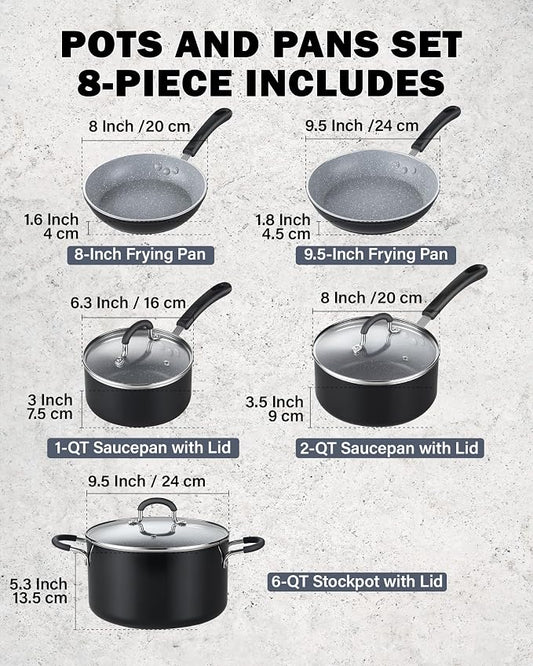 Cook N Home Professional Induction Compatible Marble Nonstick Cookware Set, Pots and Pans Set Includes Saucepans with Lid, Stockpot with Lid, Frying Pans, Heavy Nonstick, 8-Piece, Black/marble