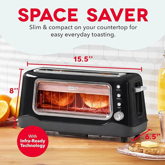 Dash Clear View Toaster, 10.5" Long Slot 2 Slice Toaster with See-Through Glass Window, 7 Browning Levels, Bagel, Defrost & Reheat Functions, Removable Glass Panel, Crumb Tray - Black