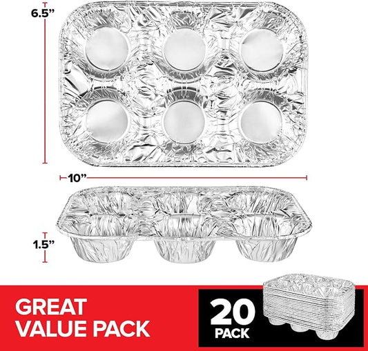 Stock Your Home (20-Count Disposable Muffin Tins 6-Cup, Standard Size Foil Muffin Pans, Aluminum Cupcake Tin for Baking, To-Go Trays for Bake Sales, Parties, Holidays