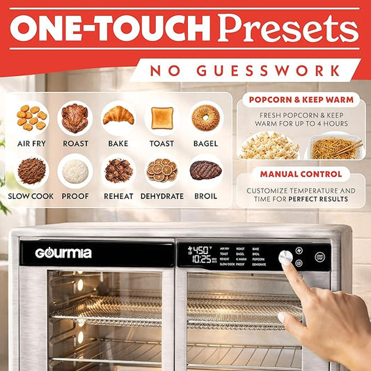 Gourmia French Door Air Fryer Oven - 37 Qt Large Capacity Convection Toaster Oven, FryForce 360ยฐ, Digital Display, 12 Cooking Presets, Dehydrate, Fits 13โ Pizza, Dishwasher-Safe, Stainless Steel