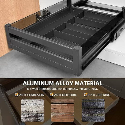 YOHOM Pull Out Cabinet Organizer – 17" W x 21" D Aluminum & Glass Drawer Organizer with Removable Dividers, Heavy Duty Pull Out Shelf for Kitchen Cabinets, Sliding Storage Tray, DIY Single Tier
