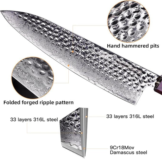 FINDKING Eternity Series Japanese Chef Knife with ABS sheath, Professional Kitchen Knife, 9Cr18MoV Damascus Steel Blade, Resin Octagonal Handle, Sharp, for Meat Cutting, 8 Inches