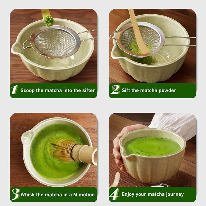 Renmxj Matcha Whisk Set,7 PCS Ceramic Matcha Kit Includes Matcha Bowl with Spout, Matcha Whisk and Holder, Bamboo Scoop, Stainless Sifter, Tea Towel, Unique Gift for Matcha Lovers (Pink)