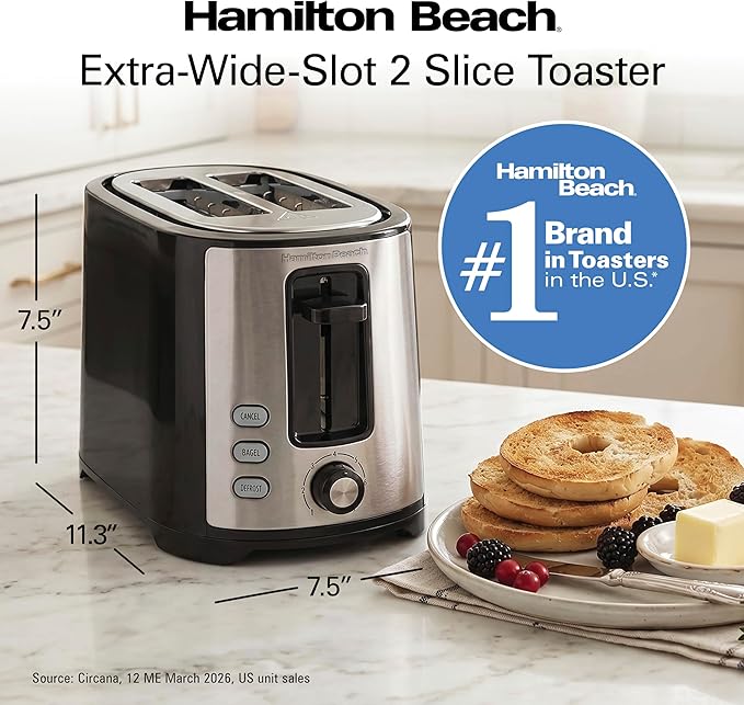 Hamilton Beach 2 Slice Extra Wide Slot Toaster with Bagel & Defrost Settings, Shade Selector with 7 Browning Levels, Toast Boost, Auto Shutoff, Black & Stainless Steel (22633)
