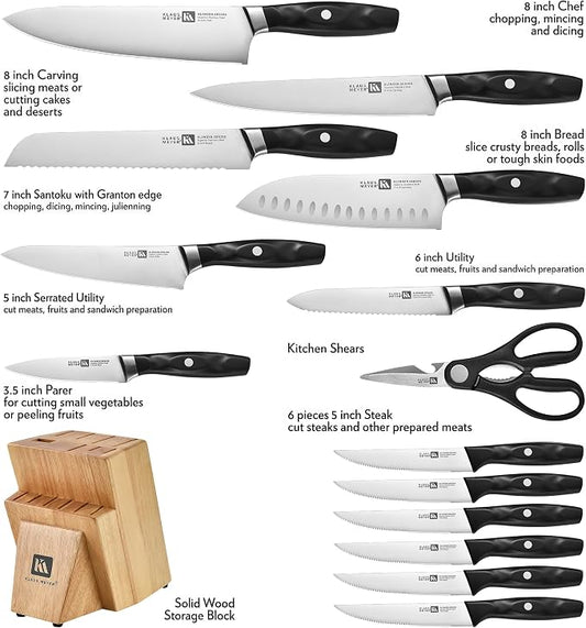 Klaus Meyer 15 Pieces Knife Block Set, High Carbon German Stainless Steel Forged Sharp Blade Knife Set With Block, Dishwasher Safe Cutlery