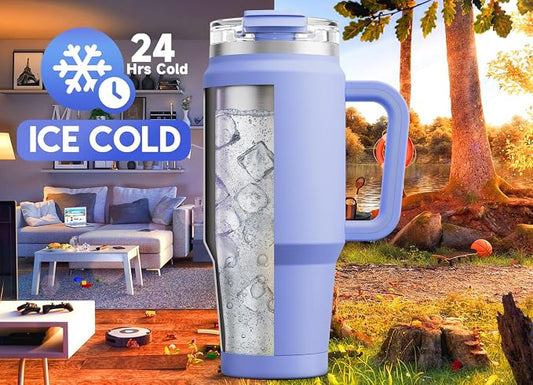 Meoky 32 oz Tumbler with Handle, Insulated Tumbler with Lid and Straw, Stainless Steel Travel Mug, Keeps Cold for 24 Hours, 100% Leak Proof, Fits in Car Cup Holder (Lilac)