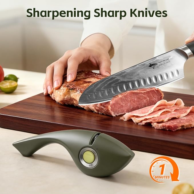 MAD SHARK 1-Button 3-Stage Knife Sharpener - Adjustable Diamond & Ceramic, No-Scratch ABS Body for Kitchen/Pocket Knives,Repairs, Sharpens & Polishes,One-Handed Operation with Non-Slip Base (Green)