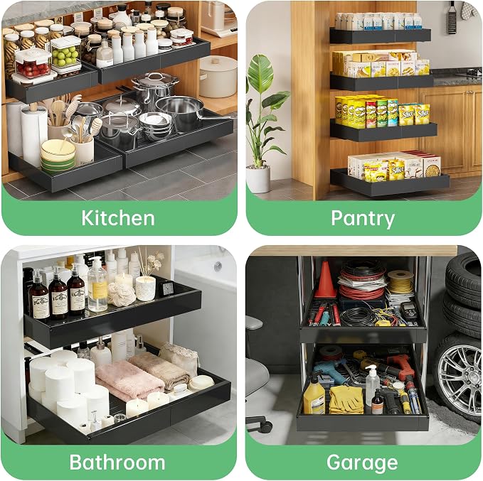 Pull out Cabinet Organizer, 2 pack, 16.5" Deep Heavy Slide out Drawers, Upgrade Three Triple-Slide Rail Systems, Expandable 12.8"-20.8" Roll out Shelf Storage for Kitchen Base Cabinet Organization