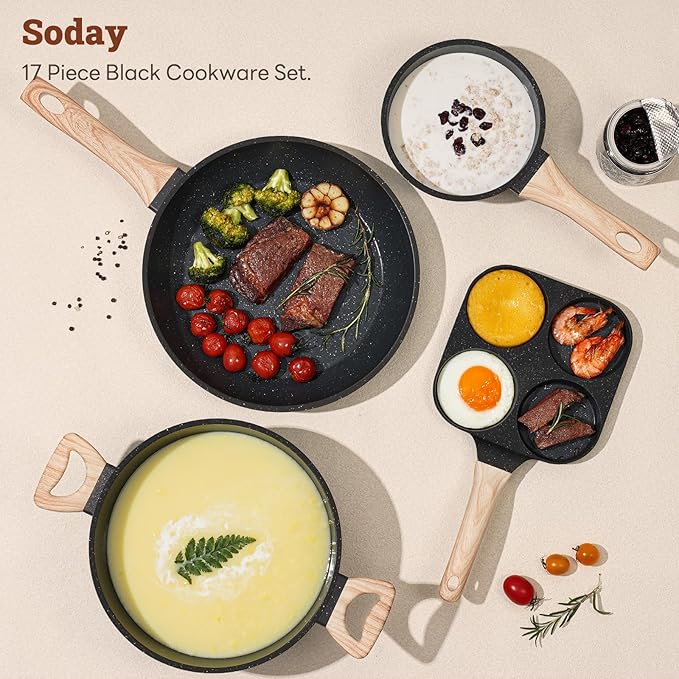 SODAY 17 Pcs Pots and Pans Set Non Stick Kitchen Cookware Sets Nonstick Induction Cookware Non-toxic Black Granite Cooking Tools with Stay-Cool Handles, Pot Protectors (PFOS/PFOA Free)