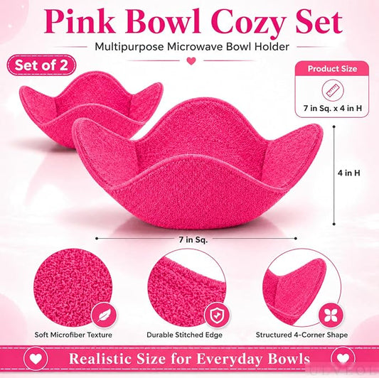 Set 2X Pink 7" sq. x 4" H Inch Microwave Bowl Cloth Hot Pads Pot Holders Polyester Microwavable Bowl Cozies for Food, Ooma, Ramen Bowls Cozy or Soup Koozie, Good Kitchen Accessories, Gadgets