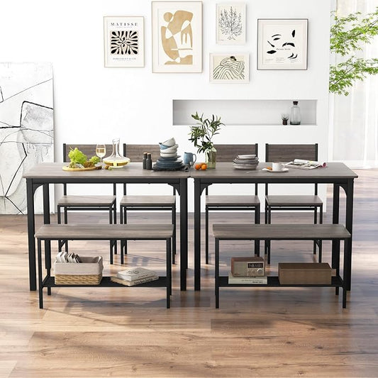 Giantex Dining Table Set for 4, Kitchen Table with Bench and Chairs, Industrial Gathering Bench Dining Set W/Metal Frame & Storage Rack, Dinette Set, Modern Functional Desk Set (Grey)