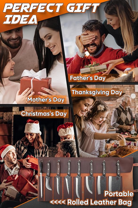 ROCOCO 13PCS Butcher Cleaver Knife Set for Meat Cutting Serbian Chef Viking Boning Knife with Roll Bag for Kitchen Outdoor BBQ Camping Birthday Christmas Father Mother Gift Idea Men