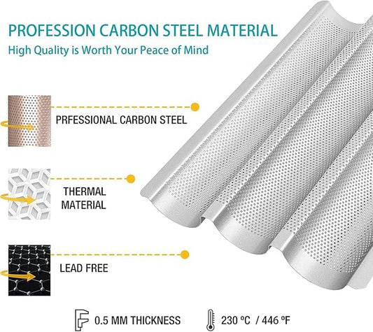 Baguette Pans for Baking 15" x 11", 3 Loaf Carbon Steel French Bread Pan Nonstick Perforated Baguette Baking Tray Silver