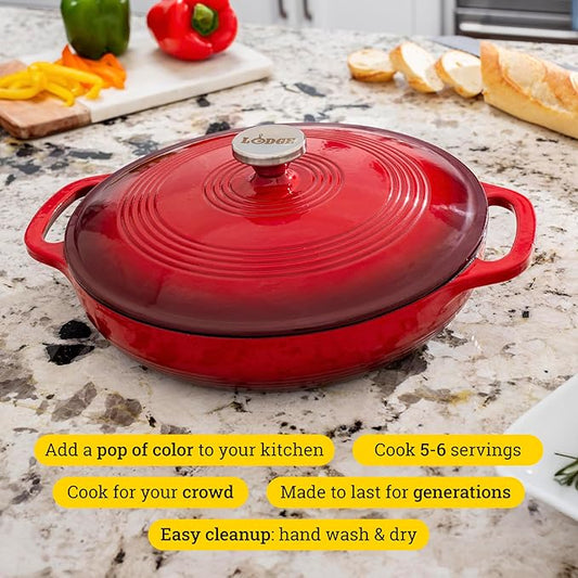 Lodge Essential Enamel Braiser 3.5 Quart - Refrigerator- & Oven-Safe up to 500° F - Heat-Retaining, Induction-Safe & PFAS-Free Enamel Cookware - Island Spice Red