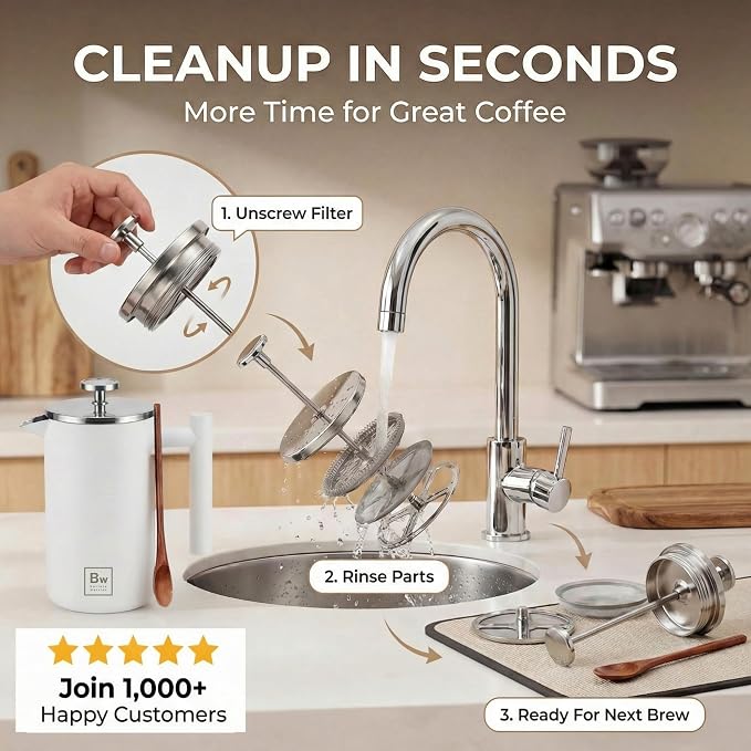 Barista Warrior French Press Coffee Maker - Double-Wall Stainless Steel Insulated French Press with Built-In Thermometer, Dual Filters Coffee Maker with Wooden Spoon - White