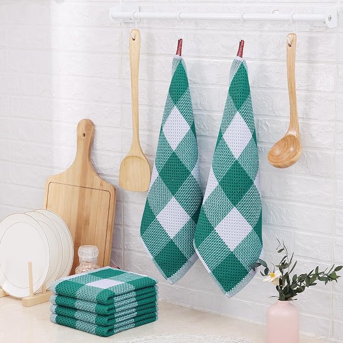 Homaxy Kitchen Towels and Dishcloths Set, 12 x 12 and 13 x 28 Inches, Set of 8 100% Cotton Waffle Weave Check Plaid Kitchen Dish Towels, Super Soft and Absorbent Dish Cloths, White & Teal