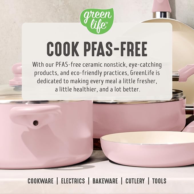 GreenLife 2 Quart Nonstick Saucepan with Lid, Non-Toxic Ceramic Pot, Dishwasher Safe, Stay-Cool Handle, Induction Ready, Fast Heating, PFAS Free, Easy Clean, Blush Pink