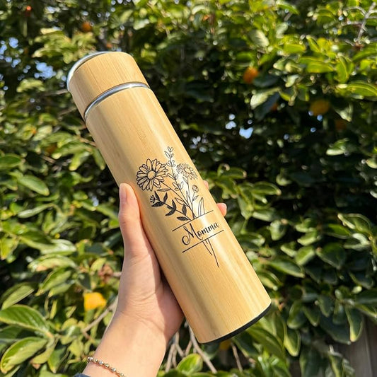 Personalized Gifts 15 oz Tea Tumbler Laser Engraving Bamboo Water Bottle Custom Name Birth Month Flower Gift for Mom, Birthday Gifts, Family