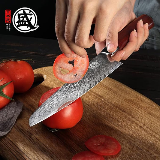 MITSUMOTO SAKARI 7.5-Inch Japanese Santoku Knife, VG-10 Damascus Steel | Wide Santoku blade for slicing, dicing and mincing, 67-layer VG-10 Damascus steel for daily kitchen prep