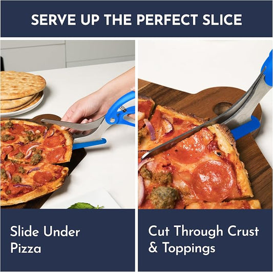 Blue Pizza Scissors - Non-Stick Pizza Scissors with Firm Grip Base - Food Grade Stainless Steel Pizza Cutter - 5-in-1 Food Slicer & Pizza Server - Durable, Safe & Mess Free