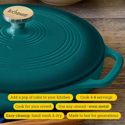 Lodge Essential Enamel Braiser 3.5 Quart - Refrigerator- & Oven-Safe up to 500° F - Heat-Retaining, Induction-Safe & PFAS-Free Enamel Cookware - Lagoon