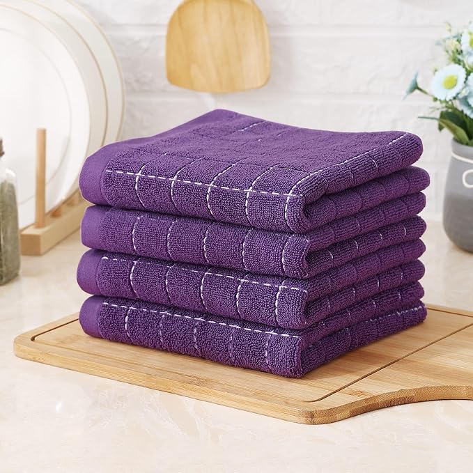 Homaxy 100% Cotton Terry Kitchen Towels(Purple, 13 x 28 inches), Checkered Designed, Soft and Super Absorbent Dish Towels, 12 Pack