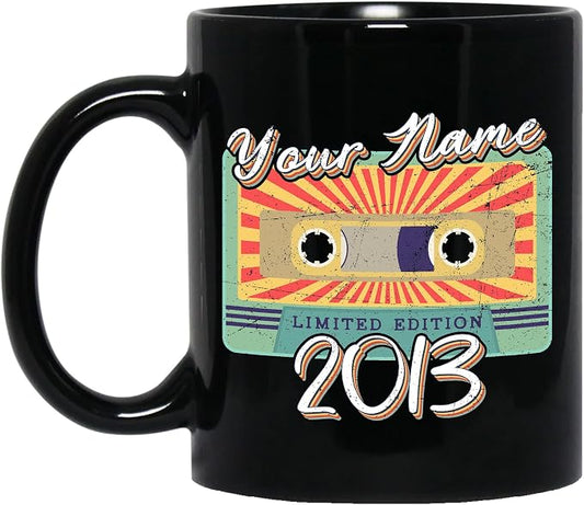 Personalized Vintage Cassette Tape Vintage 2013 Mug, Custom Your Name, 2013 Retro Coffee Mug, 9th Birthday Present Gifts, 2013 Birthday Gift For Friends Family, Customizable Black Tea Cups