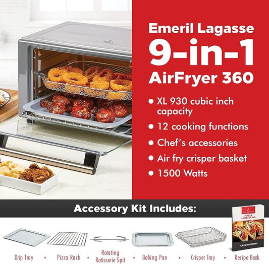 Emeril Lagasse Everyday 360 Stainless Steel Air Fryer, 360ยฐ Quick Cook Technology, XL capacity, 9-in-1, 12 Pre-Set Cooking Functions including Bake, Rotisserie, Broil, Pizza, Slow Cook, Toaster