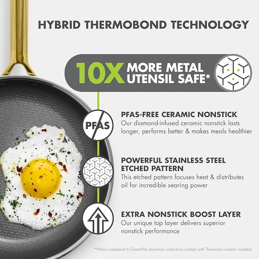 GreenPan Hybrid 6-Piece Frying Pan Set (8, 10, 12-inch Skillets with Glass Lids), Ceramic Nonstick with Tri-Ply Stainless Steel, Induction & All Cooktop Compatible, Dishwasher & Oven Safe, Gold