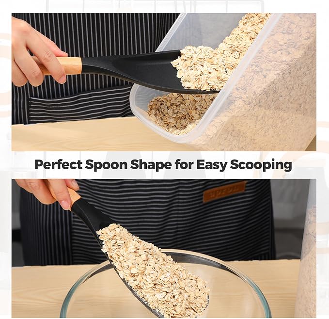 Reallnaive 4 Pack Cooking Spatula Spoon for Nonstick Cookware 12 Inch Silicone Multifunction Kitchen Spoon with Wood Handle for Cooking Serving Mixing Scoop and Scrape for Pots Pans Skillets (Black)