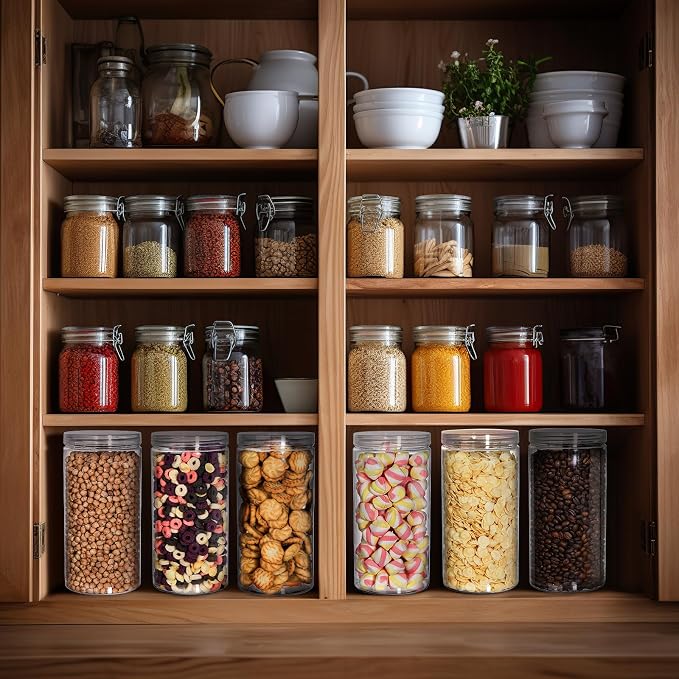 Pumtus 8 Pack Clear Plastic Jars with Lid, 46 OZ Round Candy Storage Jars, Empty Large Mason Jars, Tall PET Canisters Cylinders, Wide Mouth Pantry Container for Dry Food, Spice, Nuts, Noodles