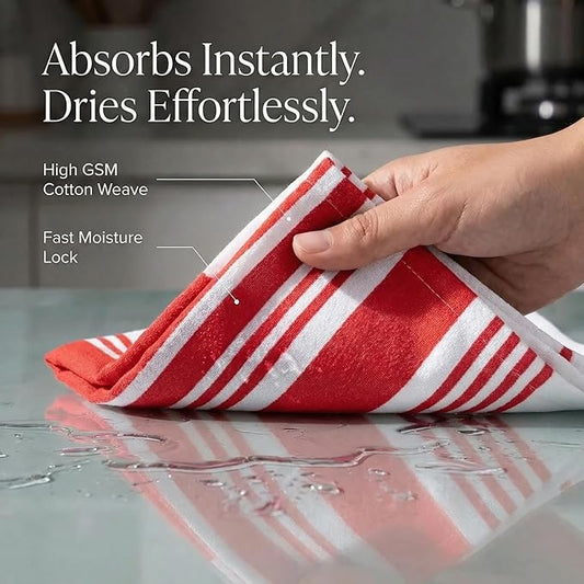 Urban Villa Kitchen Towels 100% Cotton Dish Towels for Kitchen (Set of 6) 20”x30” Dish Cloths Highly Absorbent Kitchen Linen Set with Hanging Loop Perfect for Drying Dishes Cleaning Towels-Red White